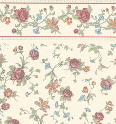 a floral wallpaper with red, blue and green flowers on white background is shown