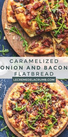 two pizzas with different toppings on them and the words caramelized onion and bacon flatbread