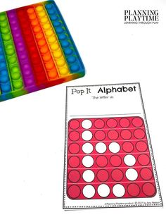 two different colored shapes and numbers on a white background with the words pop it alphabet