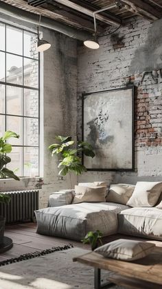 a living room filled with lots of furniture and plants on top of a wooden table