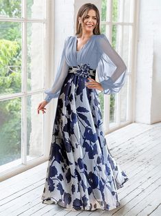 A Line/Princess V-Neck Long Sleeves Floor Length Floral Mother of the - Mondressy Wedding Outfits For Women, Mother Of The Bride Dresses Long, Mother Of Bride Outfits, Flower Sleeve, Bride Outfits, Mother Of Groom Dresses, Summer Wedding Outfits, Chiffon Dress Long, Mob Dresses