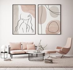 a living room with two paintings on the wall