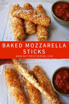 baked mozzarella sticks on a plate with dipping sauce