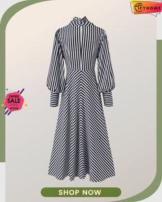 Fall Long Sleeve Stand Collar Regular Fit Date Elegant Lady Dresses Striped Long Sleeve Maxi Dress For Work, Striped Long Sleeve Dress For Fall, Fall Striped Knee-length Midi Dress, Striped Long Sleeve Midi Dress For Work, Chic Striped Long Sleeve Midi Dress, Striped Long Sleeve Maxi Dress For Party, Elegant Striped Long Sleeve Midi Dress, Striped Long Sleeve Spring Midi Dress, Chic Striped Fall Dresses