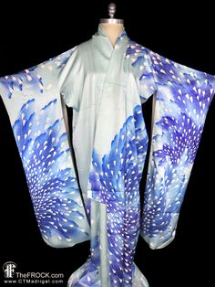 "www.TheFROCK.com www.CTMadrigal.com www.amazon.com/author/ctmadrigal Vintage blue silk furisode kimono robe, coat, or dressing gown with a magnificent pattern of Art Deco stylized peacock feathers radiating throughout. Silk interior. Condition is excellent with age-appropriate wear. Measures about 47\" around when tied and 63\" long. Layaway is available. Age-appropriate wear on vintage and antique kimonos may include slight color variation or bleed on vintage and antique hand-dyed kimono texti Stylized Peacock, Furisode Kimono, Outfit References, Gown Blue, Blue Kimono, Silk Kimono Robe, Vintage Fur, Peacock Feathers, Silk Kimono