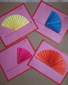 four different colored paper fan shapes on a pink surface with measurements for each one and the other half