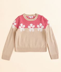 Girls - Adyson Parker Flower Color Block Sweater - Pink/Brown 10/12(M) Oatmealcombo Pieced chenille open weave sweater Body length 16 1/2 on size 10/12. 74% Acrylic 26% Polyester. Machine wash cold with like colors gentle cycle. Do not bleach. Reshape lay flat to dry. Cool iron if necessary. Apparel & Accessories > Clothing > Shirts & Tops Cute Beige Sweater For Spring, Open Weave Sweater, Open Weave, Accessories Clothing, Color Block Sweater, Girls Sweaters, 2 On, Pink Brown, Pink Sweater