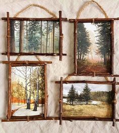 four framed pictures hanging on a wall with twine rope and wood frames in the shape of trees