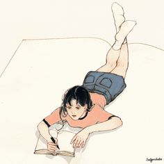 a drawing of a person laying on the ground with a book in their hand and one leg up