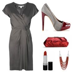 a woman's outfit and accessories including shoes, lipstick, necklaces