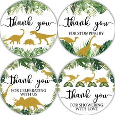 four thank stickers with dinosaurs and palm leaves