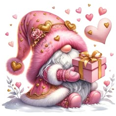 a pink santa clause holding a gift box