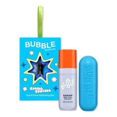 a blue tube next to an orange and white tube in front of a card with the word bubble on it