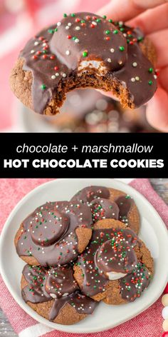 chocolate and marshmallow hot chocolate cookies with sprinkles on a white plate