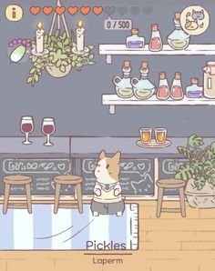 a cat is sitting at a table in a room with shelves and plants on the wall