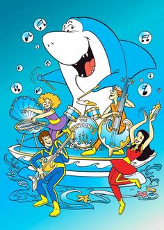 an image of cartoon characters playing instruments in front of a shark with music notes on it