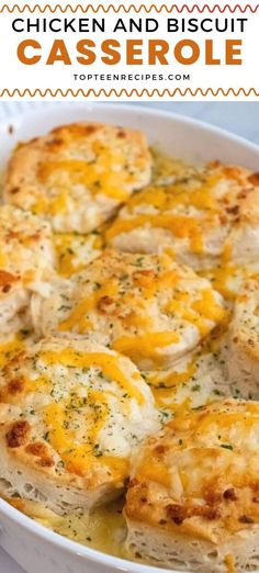 chicken and biscuit casserole in a white baking dish with cheese on top