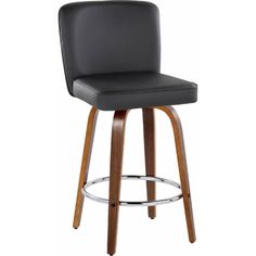 a black bar stool with wooden legs and an upholstered seat on a white background