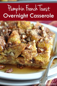 pumpkin french toast overnight casserole on a white plate