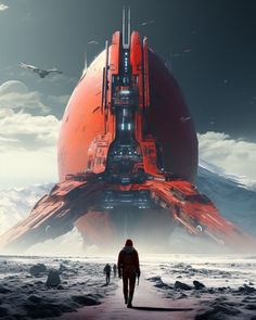 a sci - fi movie poster with two people walking on the beach in front of a giant red object