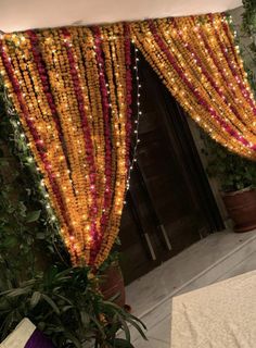 an orange and red curtain with lights on it in front of a planter filled with potted plants