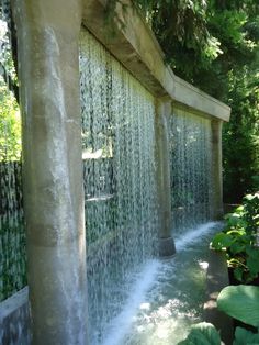 the water is running down the side of the building and into the garden area with plants