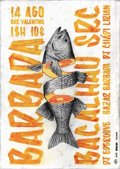 the poster for an event with two fish and orange ribbons on it's sides