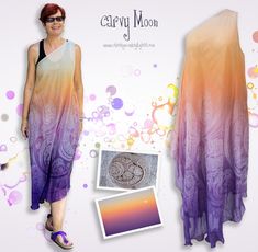 "Beautiful ombre silk chiffon convertible dress.  Sunset photography with the full moon rising is a beautiful homage to women.  There are multiple ways to wear it, - beach cover up, beach wedding, a night out - it all works well with this luxurious piece.    This elegant and unique purple to coral/orange ombre fabric, 'Carvy Moon,' was inspired by two of my photos; a fabulous carving in India's Jain temple of Ranakpur; and, a stunning sunset, with the full moon rising high - taken from the airpl Purple Ombre Dress, Full Moon Rising, Ombre Wedding, Silk Chiffon Fabric, Dress Trendy, Kaftan Style, Ombre Dress, Orange Ombre, Butterfly Top