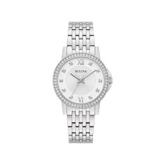 The Crystal women's watch from Bulova is a picture of modern elegance. The watch features a three-hand quartz movement, genuine hand-set crystals on the mother-of-pearl dial and bezel, and a silver-tone 32 mm stainless steel case. Click on this JEWELRY & WATCHES GUIDE to learn about fit, styles, materials and more!The Crystal women's watch from Bulova is a picture of modern elegance. The watch features a three-hand quartz movement, genuine hand-set crystals on the mother-of-pearl dial and bezel, Classic Round Diamond Analog Watch, Classic Analog Diamond Watch, Timeless Diamond Watch For Anniversary, Timeless Diamond Watch With Metal Dial For Anniversary, Timeless Round Analog Diamond Watch, Timeless Analog Diamond Watch, Timeless Round Diamond Analog Watch, Anniversary Diamond Watch With Metal Dial, Classic Watches With Jubilee Bracelet And Round Dial