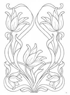 a line drawing of flowers and leaves with swirls on the edges, in black and white