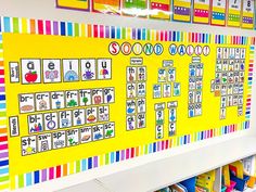 a colorful bulletin board in a classroom