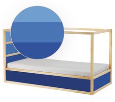 a bed with a blue circle on the side and a white sheet underneath it, in front of a white background