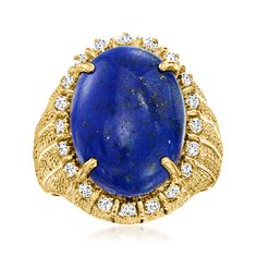 Ross-Simons - C. 1980 Vintage Lapis, .50ct t. w. Diamond Ring Oval Cut in 18kt Yellow Gold. Size 7. C. 1980. Feast your eyes on this spectacular design from our renowned Estate collection! An immense 17x13mm oval lapis cabochon is haloed by .50 ct. t. w. round brilliant-cut diamonds for just the right amount of twinkle. All are situated on a most exquisite 18kt yellow gold band featuring vertically set roped designs in chic openwork. A truly unique ring that can now be yours to flaunt. 7/8" wide Sapphire Ring Vintage 1stdibs, Jewelry Presentation, Estate Jewelry Rings, Antique Jewelry Rings, Gold C, Lapis Ring, Lapis Lazuli Stone, Unique Ring, Gold Band