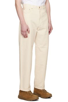 Off-White Derby Trousers by Carhartt Work In Progress on Sale Tapered Cotton Bottoms For Workwear, Cream Cotton Pants For Everyday, Cream Cotton Jeans With Relaxed Fit, Spring Relaxed Fit Jeans In Chino Cotton Twill, Cream Cotton Pants With Welt Pockets, Cream Cotton Jeans Relaxed Fit, Cream Cotton Relaxed Fit Jeans, Spring Cotton Work Pants With Belt Loops, Cotton Cargo Pants With Straight Hem