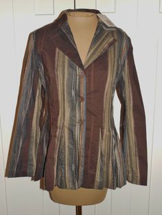 LILITH $380 Fandango Brown Tan Gray Striped Blazer Jacket - S - NWT   New with tags Fandango brown, tan, and gray striped blazer jacket from LILITH in a size S. Made in France the fabric is 52% nylon, 46% cotton, and 2% spandex. Lining is 100% polyester. Measurements laid flat are: shoulder to shoulder --- 15 1/2" sleeve --- 23" bust --- 19 1/2" waist --- 17" length --- 25" Please email me if you have any questions and I am always happy to combine on shipping. Thanks for looking! PLEASE READ THE Brown Blazer For Spring, Brown Long Sleeve Blazer For Spring, Brown Lapel Collar Blazer For Spring, Spring Brown Blazer, Fall Striped Blazer With Lapel Collar, Striped Fitted Outerwear With Notch Lapel, Striped Lapel Collar Blazer For Fall, Fall Striped Notch Lapel Blazer, Tailored Striped Outerwear For Fall