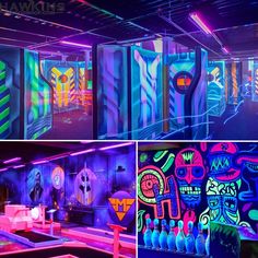 the inside of a room with neon lights and art on the walls in different colors