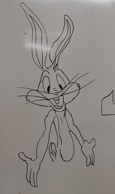 a drawing of a cartoon rabbit with one foot in the air and another hand on its hip