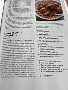 the recipe book is open to show an image of meatballs and spaghetti in sauce