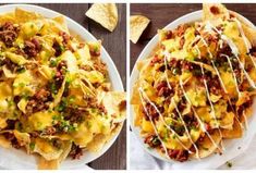 two plates filled with nachos covered in cheese and toppings next to each other