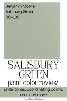 an advertisement with the words sallsbury green paint color review undertones, coordinating colors, uses and more