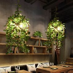 two hanging plants in the middle of a dining room with bookshelves and wooden tables