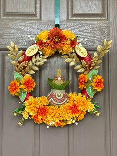 "MADE TO ORDER Front door wreath/ Diwali wreath/housewarming wreath/ pooja decor/ Diwali decor/ Pooja item/Hindu wedding decor/ Hindu Festival decor/ pooja room decor Looking for a unique way to decorate your home on Diwali, housewarming, Hindu wedding or any special occasion, this wreath will be the perfect choice for that . Also can be a great gift for your loved ones.. This gorgeous wreath is carefully handcrafted by me. It represents all the festive colors. It is decorated with silk flowers, Diwali Front Door Decorations, Diwali Door Decoration, Front Door Diwali Decor, Main Door Diwali Decoration Ideas Simple, Diwali Toran Decorations Doors, Handmade Diwali Decoration Items, Diwali Main Door Decoration, Front Gate Decoration For Diwali, Traditional Housewarming Decorations