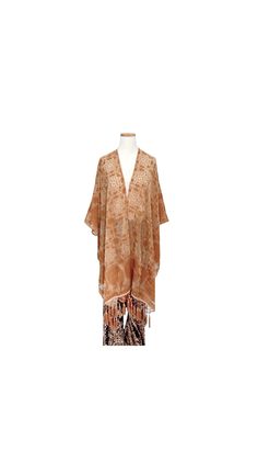 Summer Bohemian Kaftan With Traditional Drape, Fall Beach Kimono With Tassels, Traditional Beige Kimono For Vacation, One Size Tassel Kimono For Vacation, One Size Vacation Kimono With Tassels, Vacation Kimono With Tassels One Size, Traditional Beige Kimono For Beach, Bohemian Tunic Kimono For Festive Occasions, Beach Kimono With Tassels One Size