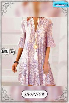 Women's V-neck Loose Half-sleeve Printed Dress Spring Vacation V-neck Shift Dress, Spring V-neck Shift Dress With Short Sleeves, Shift V-neck Dress With Notched Neckline, Shift V-neck Dress With Split Neck, Casual Mini Dress With Split Neck For Brunch, Elegant V-neck Split Neck Dress For Summer, Feminine Long Sleeve V-neck Summer Dress, Feminine Summer V-neck Dress With Notched Neckline, Feminine Long Sleeve V-neck Dress For Summer