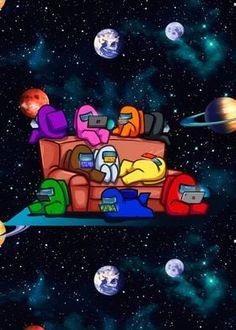 an image of a space scene with planets in the background and people sitting on a couch