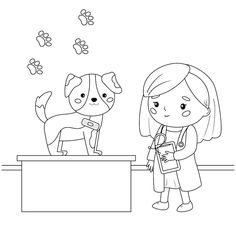 a girl and her dog at the veterinatician's desk coloring page