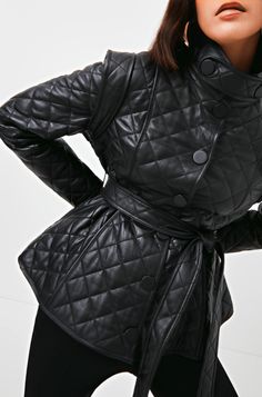 Women's Quilted Leather Jacket In Black Outer Shell: Real Leather Leather Type: Lambskin Leather Finish: Semi-aniline Inner Shell: Viscose Lining Features: Belted Waist & Quilted Closure Style: Buttons Collar Style: Band With Button Cuffs Style: Button Inside Pockets: One Color: Black Quilted Leather Jacket, Leather Shorts Women, Short Leather Skirts, Leather Jumpsuit, Shearling Vest, Studded Jacket, Distressed Jacket, Sheepskin Jacket, Aviator Jackets