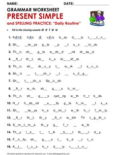 an english worksheet with the words present simple and spelling practice