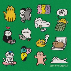 a bunch of cats stickers on a green background