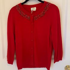 This Nwt Cardigan Is In Excellent Condition. Lovely Red Color With Embellishments Around The Collar. Likely Purchased From Outlet. Elegant Red Cardigan For Fall, Elegant Red Spring Cardigan, Elegant Red Sweater For Spring, Elegant Red Winter Cardigan, Red Color, Embellishments, Outlet, Kate Spade, Sweaters For Women